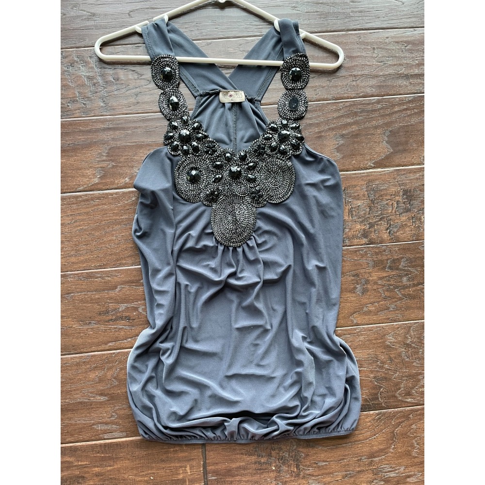 Free Kisses Womens XL Gray Jeweled Beaded Y2K McBling Racerback Top
